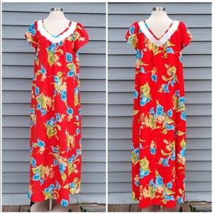 Vintage 90s y2k Hilo Hattie Hawaiian Muumuu Maxi Dress Red Blue Floral XL
